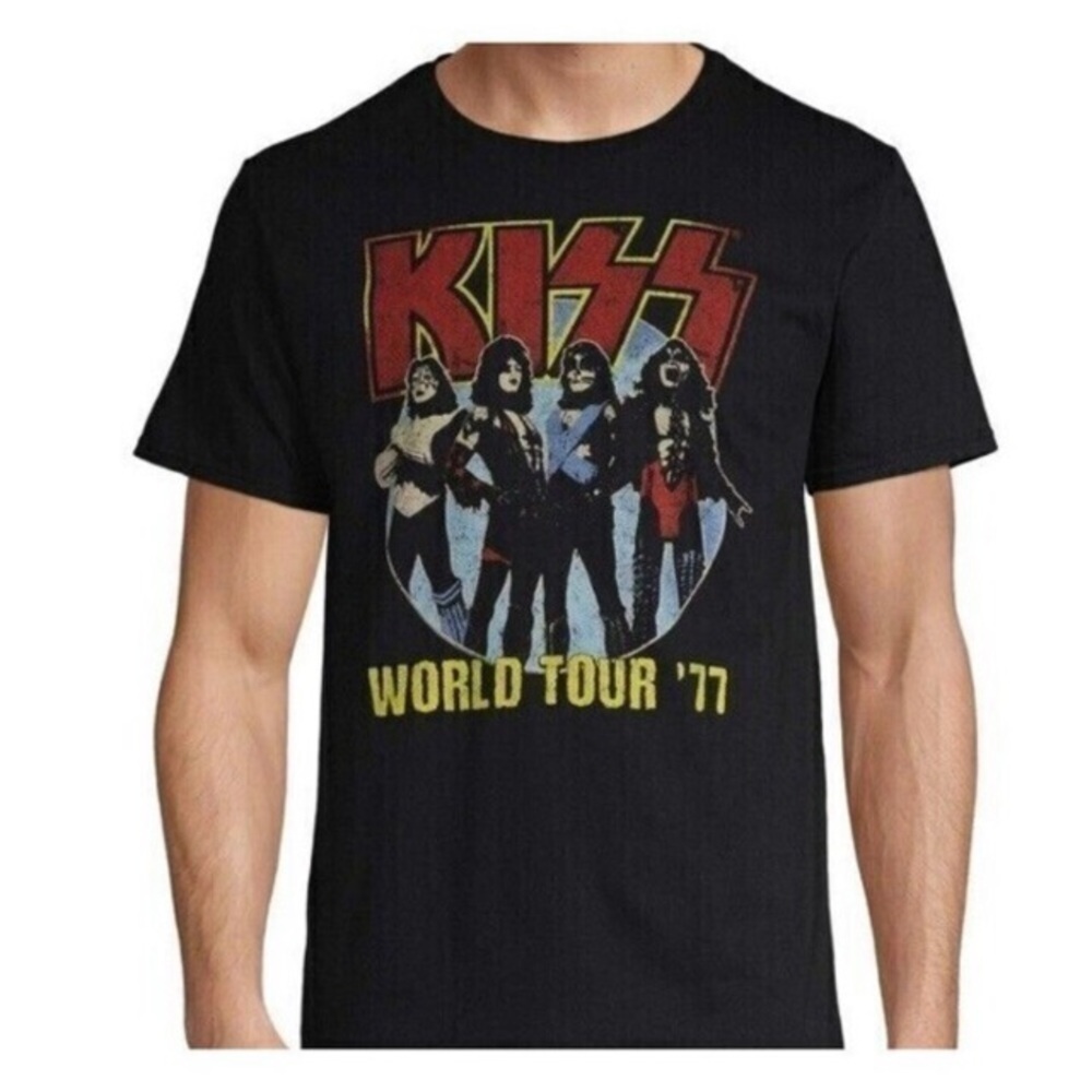 KISS Retro World Tour ‘77 Band Tee Graphic T-Shirt Black Cotton Unisex Size XL